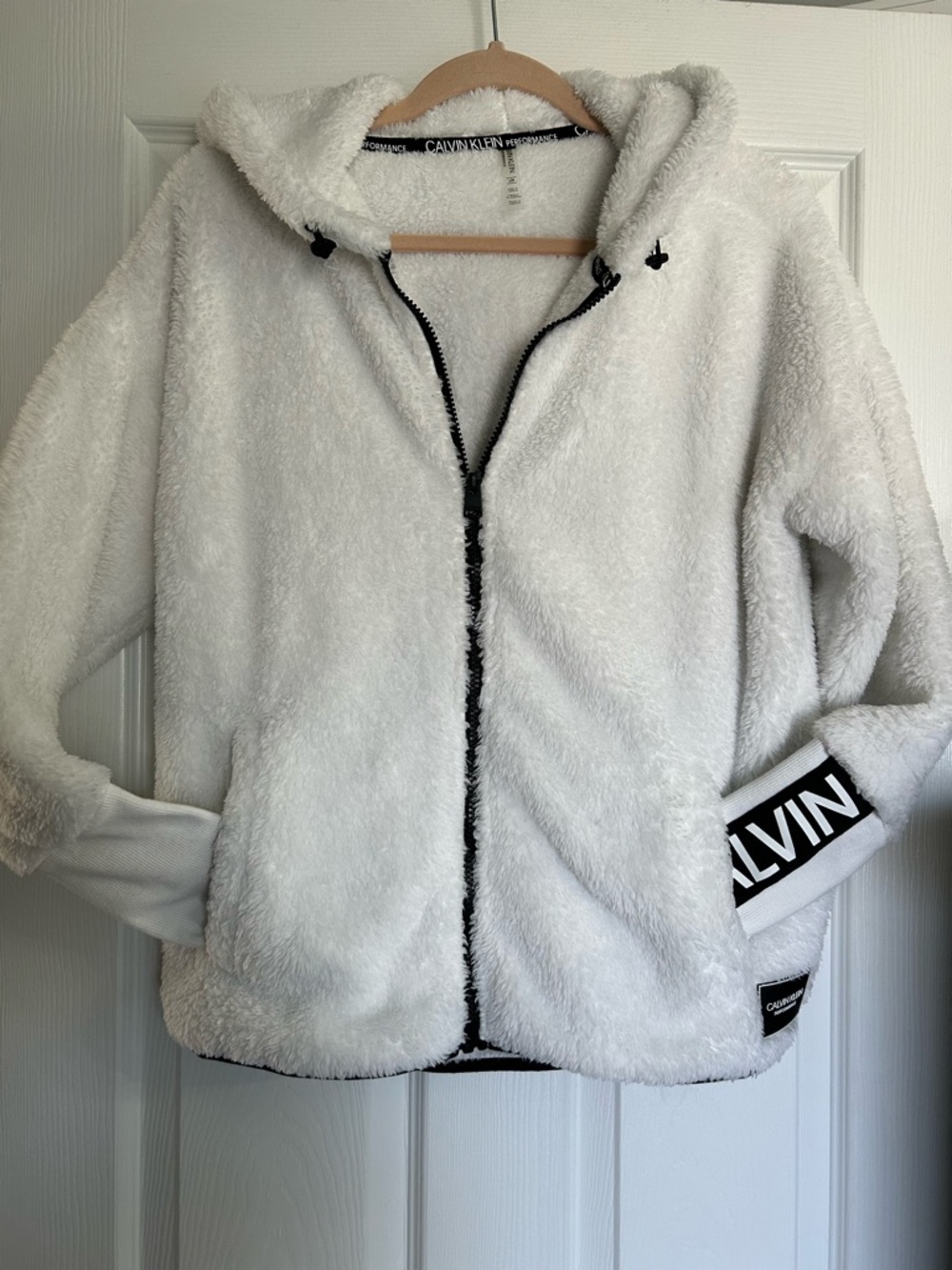 Calvin Klein White Plush Performance Hoodie with Black Logo Trim
